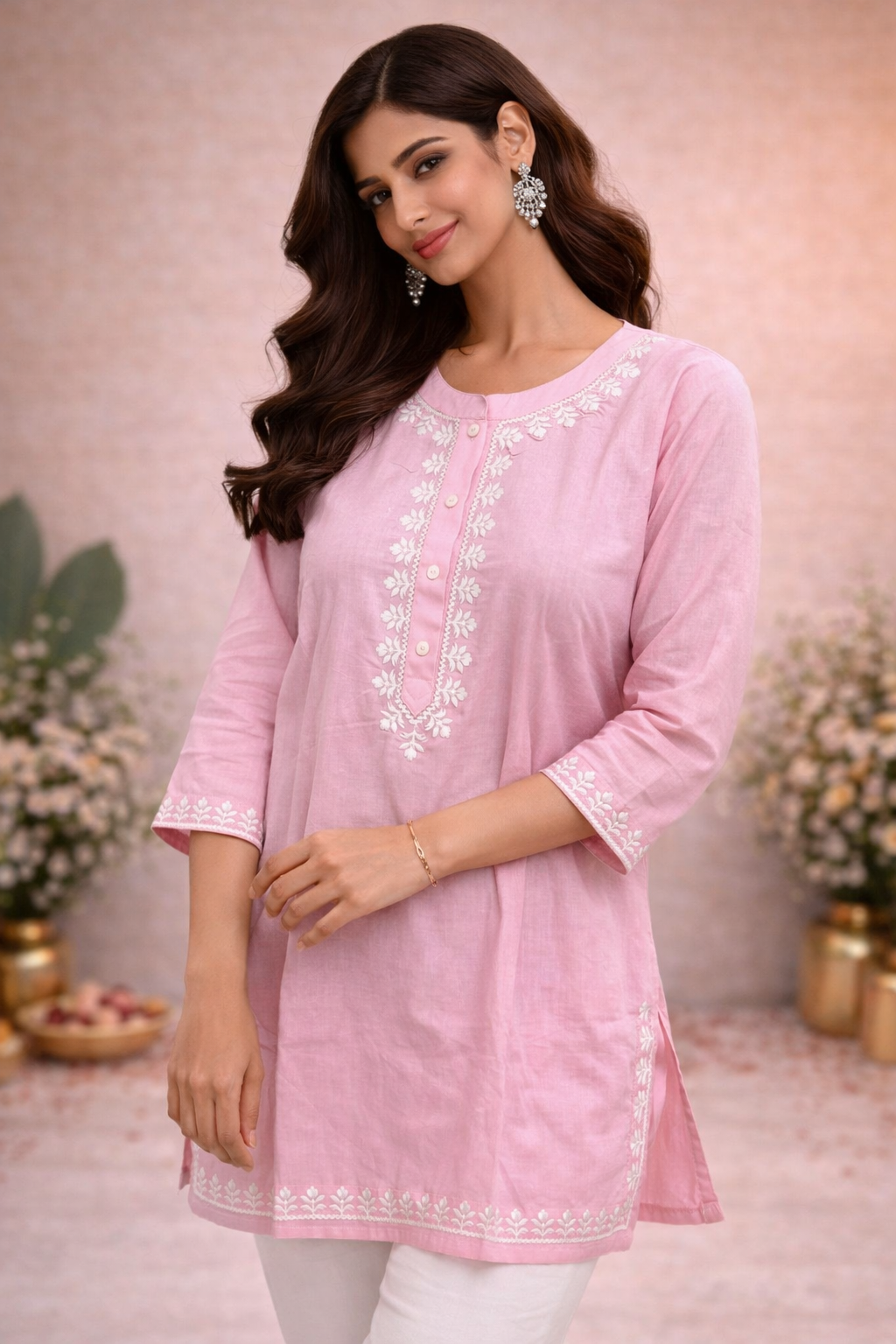 Blush Pink Embroidered Cotton Kurti
