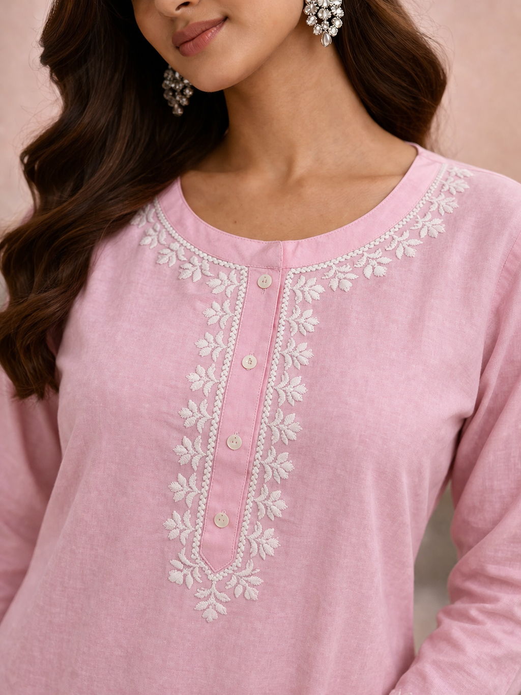Blush Pink Embroidered Cotton Kurti
