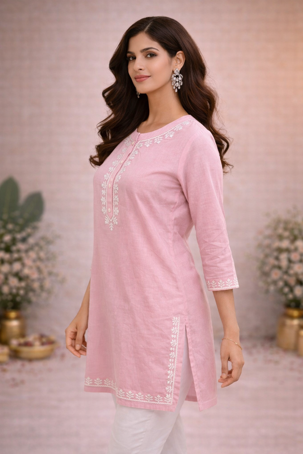 Blush Pink Embroidered Cotton Kurti