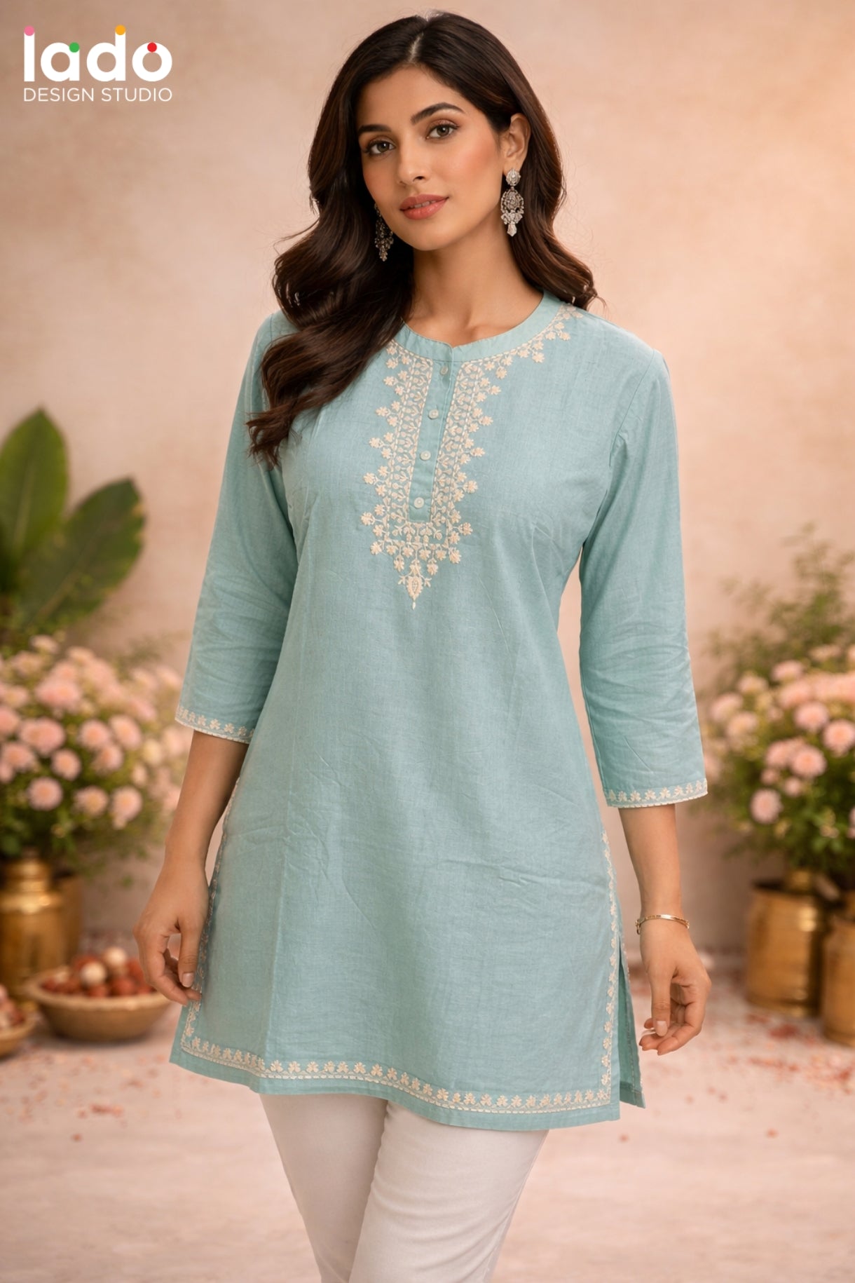 Sky Blue Embroidered Cotton Kurti